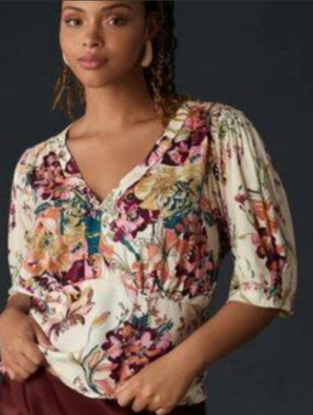 TINY Anthropologie Cream Maroon Pink Floral V-neck Cropped Blouse, M